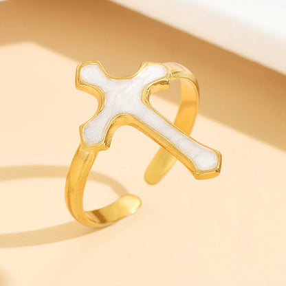 Punk Style Women’s Cross Ring With Black Enamel Finish, Perfect For Bold Fashion Statements