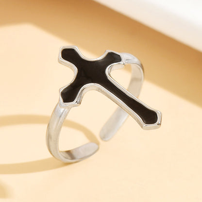 Punk Style Women’s Cross Ring With Black Enamel Finish, Perfect For Bold Fashion Statements
