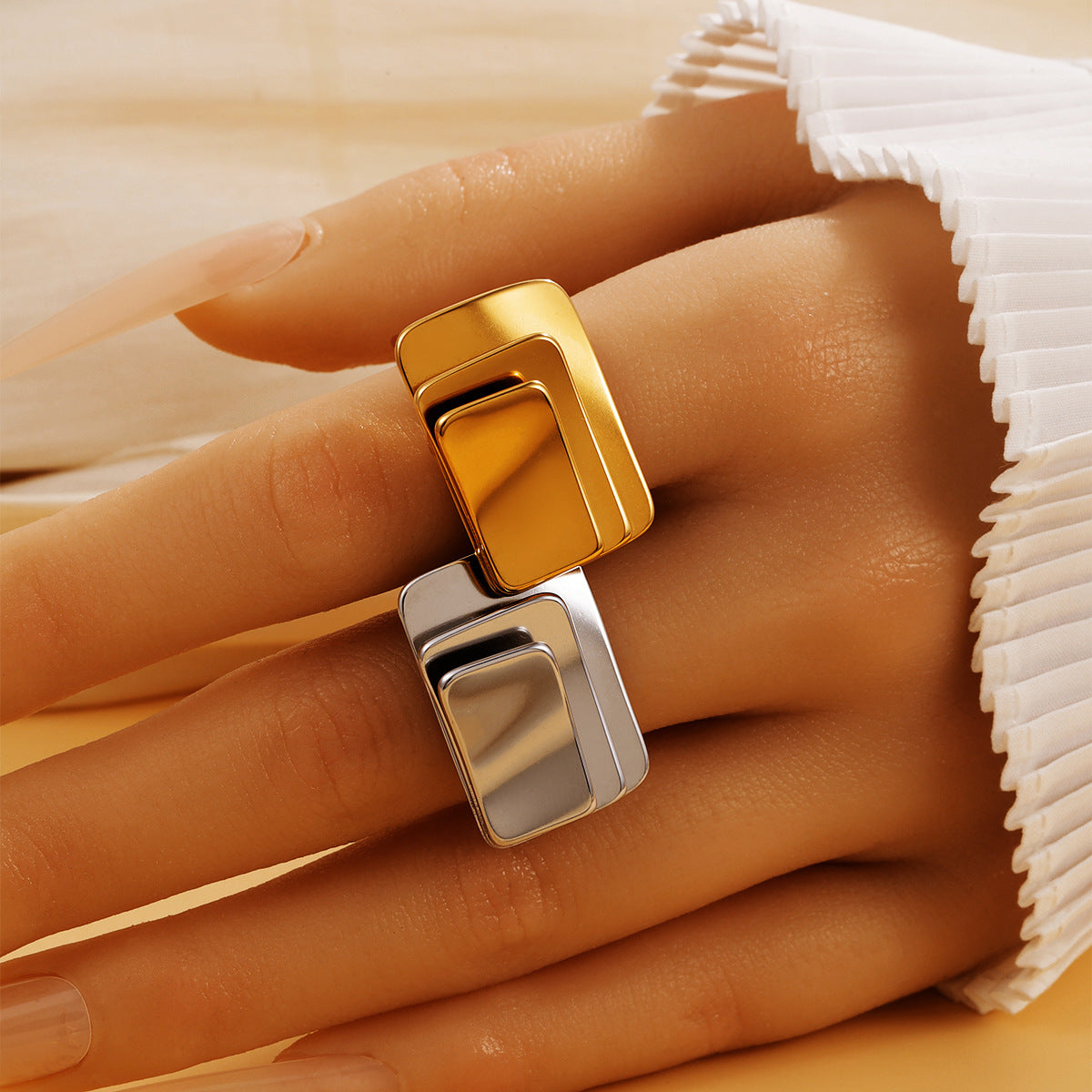 Rectangle Ring For Women In Golden, Perfect For Winter Wear