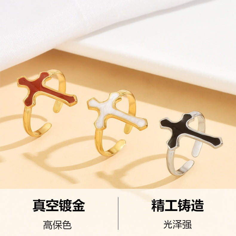 Punk Style Women’s Cross Ring With Black Enamel Finish, Perfect For Bold Fashion Statements