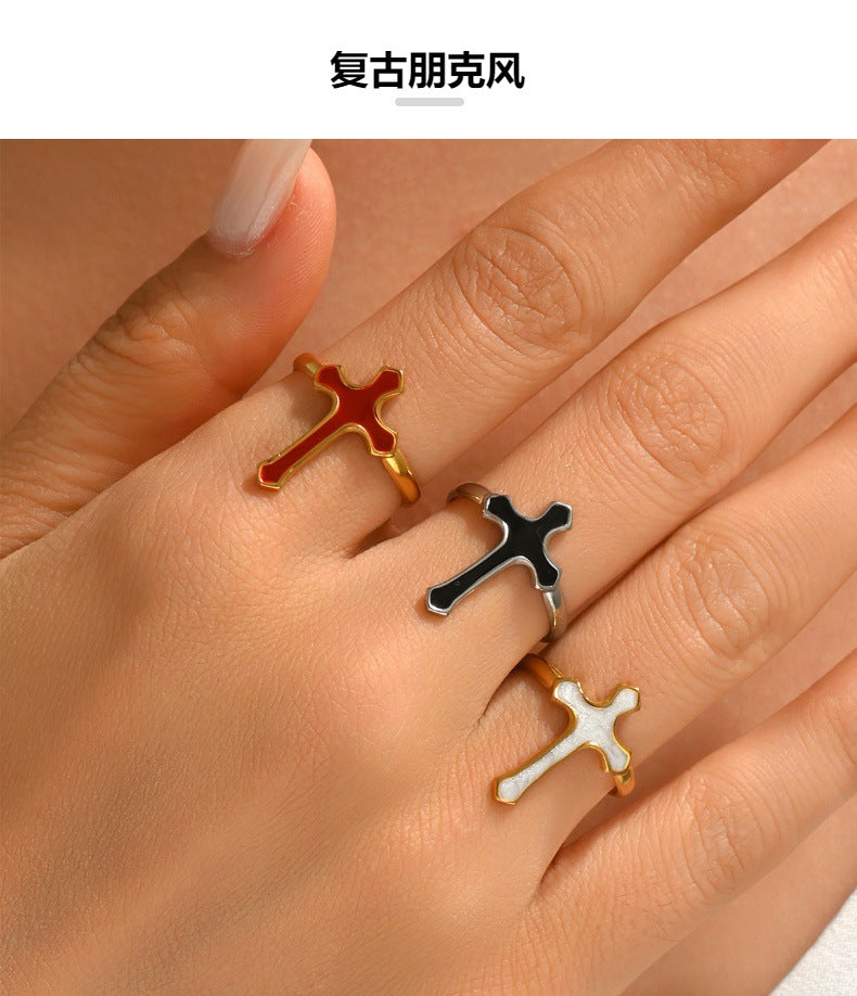 Punk Style Women’s Cross Ring With Black Enamel Finish, Perfect For Bold Fashion Statements