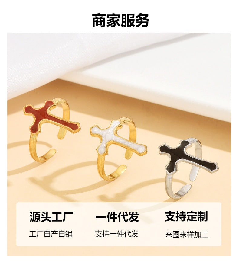 Punk Style Women’s Cross Ring With Black Enamel Finish, Perfect For Bold Fashion Statements
