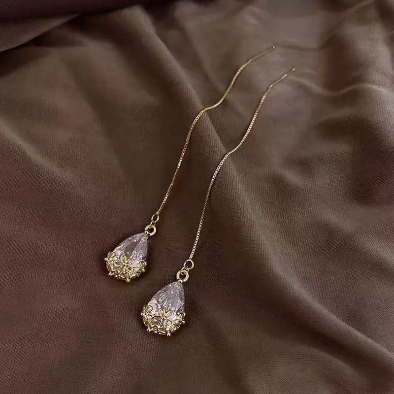 For Women Wedding Season Water Droplets Drop Earrings In Golden Plated Copper With Artificial Diamond Inlay