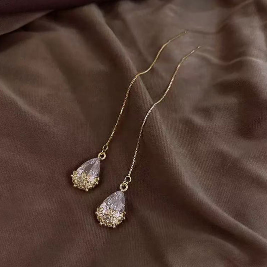 For Women Wedding Season Water Droplets Drop Earrings In Golden Plated Copper With Artificial Diamond Inlay