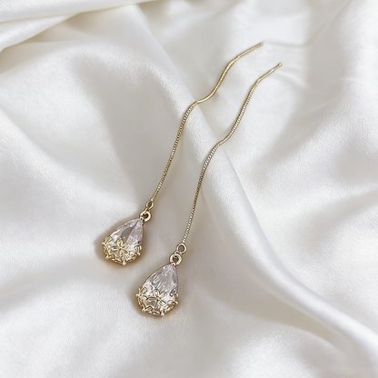 For Women Wedding Season Water Droplets Drop Earrings In Golden Plated Copper With Artificial Diamond Inlay