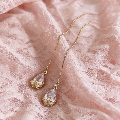 For Women Wedding Season Water Droplets Drop Earrings In Golden Plated Copper With Artificial Diamond Inlay