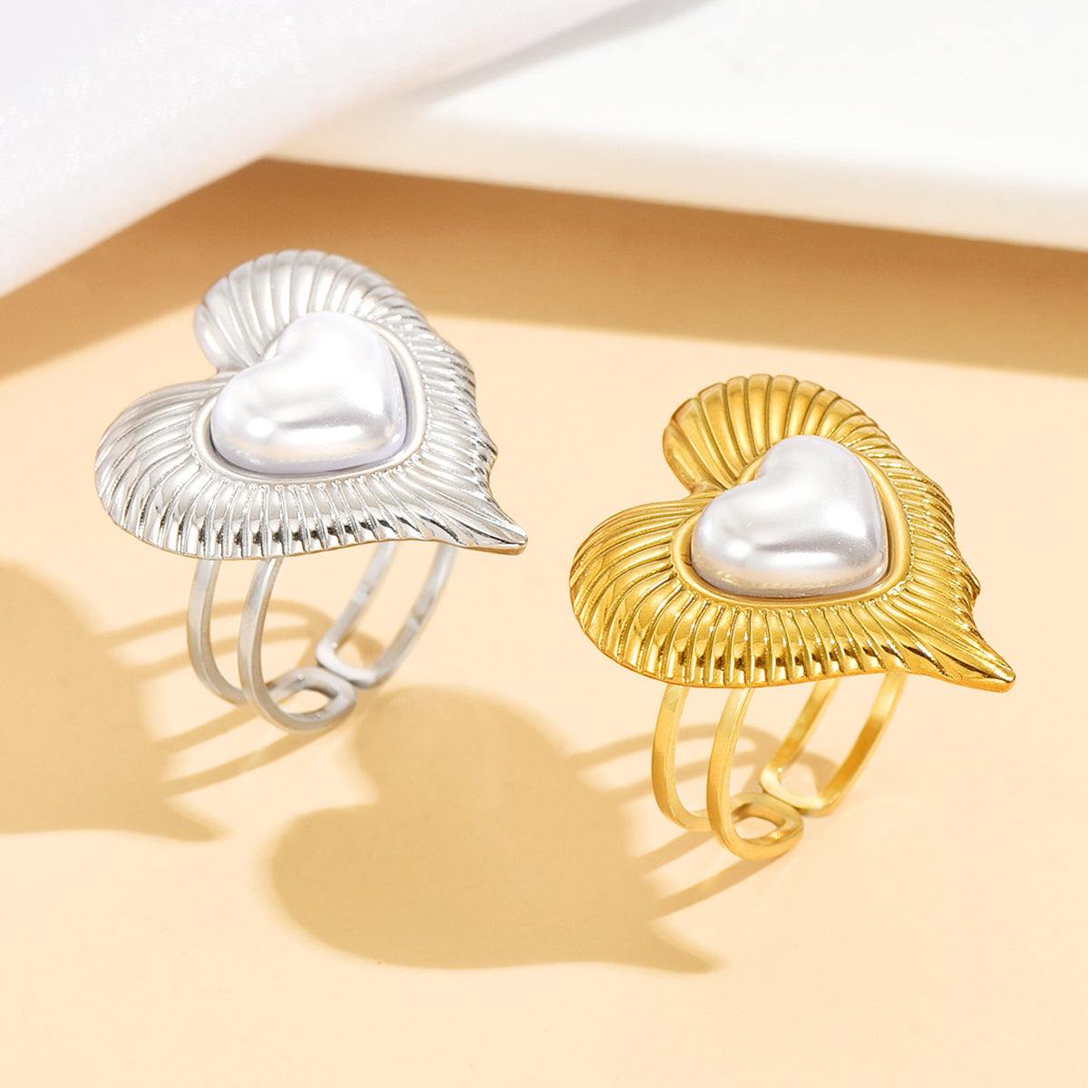 Romantic Heart Shape Ring For Women With 18K Real Gold Plated PVD Coating And Imitation Pearl Inlay