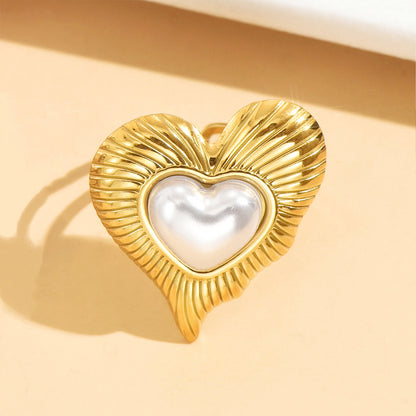 Romantic Heart Shape Ring For Women With 18K Real Gold Plated PVD Coating And Imitation Pearl Inlay
