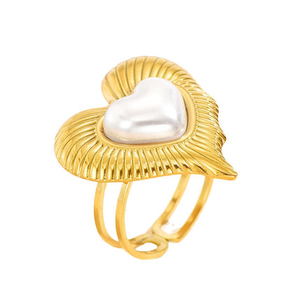 Romantic Heart Shape Ring For Women With 18K Real Gold Plated PVD Coating And Imitation Pearl Inlay