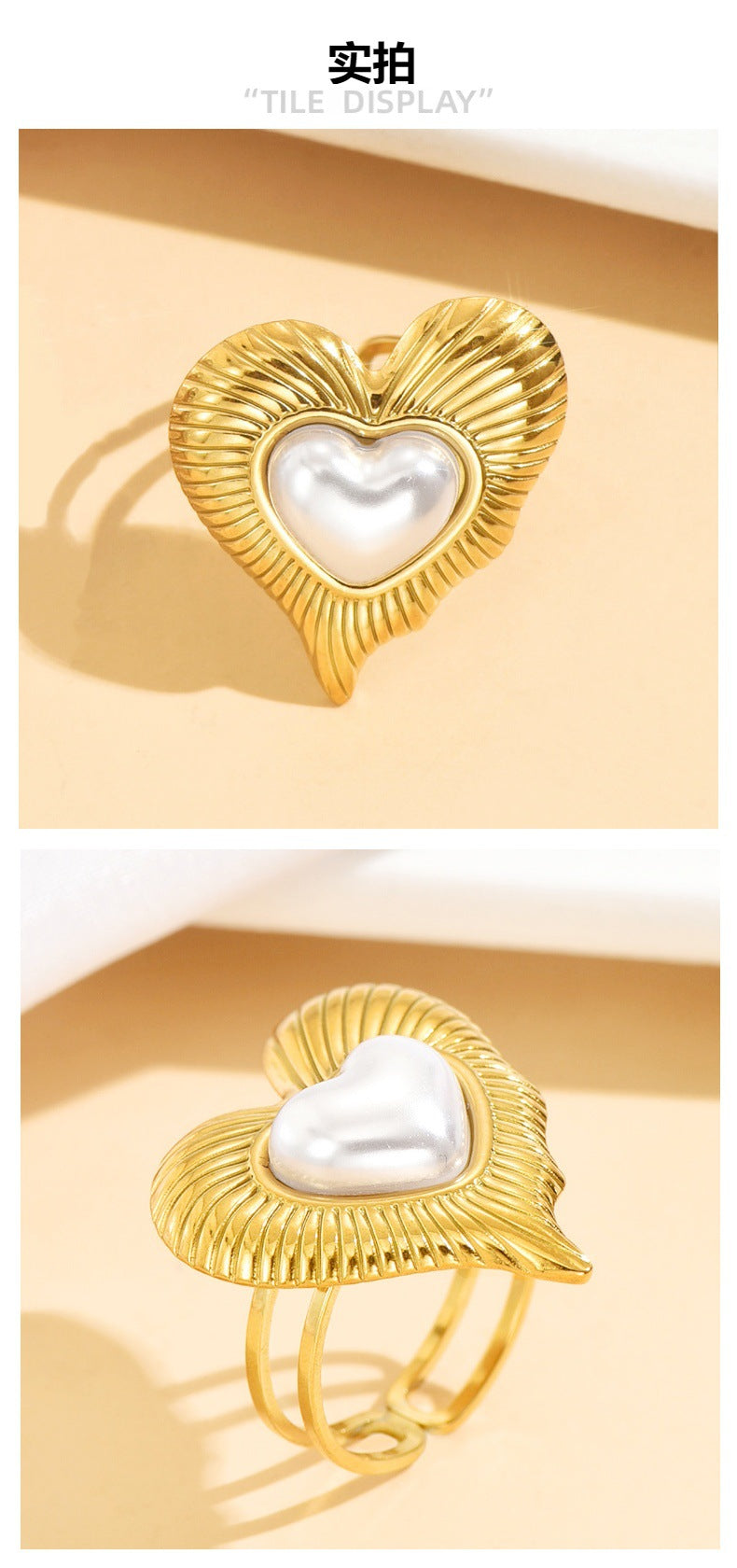Romantic Heart Shape Ring For Women With 18K Real Gold Plated PVD Coating And Imitation Pearl Inlay