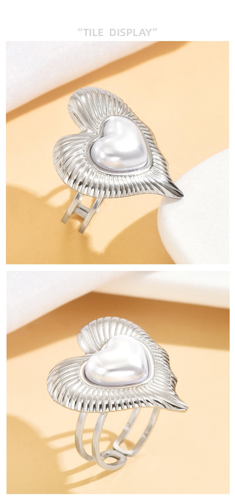Romantic Heart Shape Ring For Women With 18K Real Gold Plated PVD Coating And Imitation Pearl Inlay