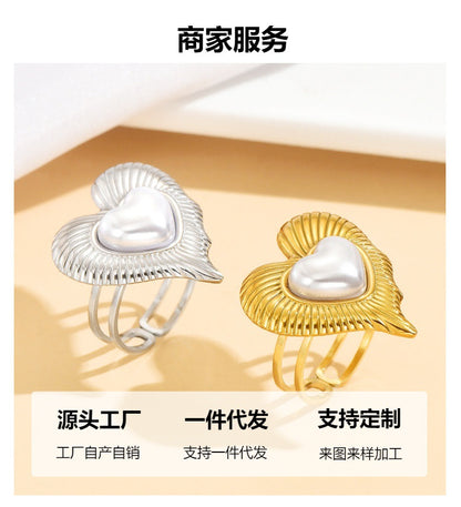 Romantic Heart Shape Ring For Women With 18K Real Gold Plated PVD Coating And Imitation Pearl Inlay