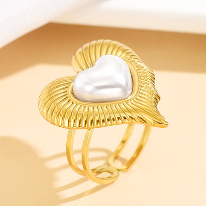Romantic Heart Shape Ring For Women With 18K Real Gold Plated PVD Coating And Imitation Pearl Inlay