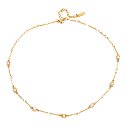 Square Necklace For Women In 304 Stainless Steel With 18K Real Gold Plated Finish And Zircon Inlay On Cable Chain