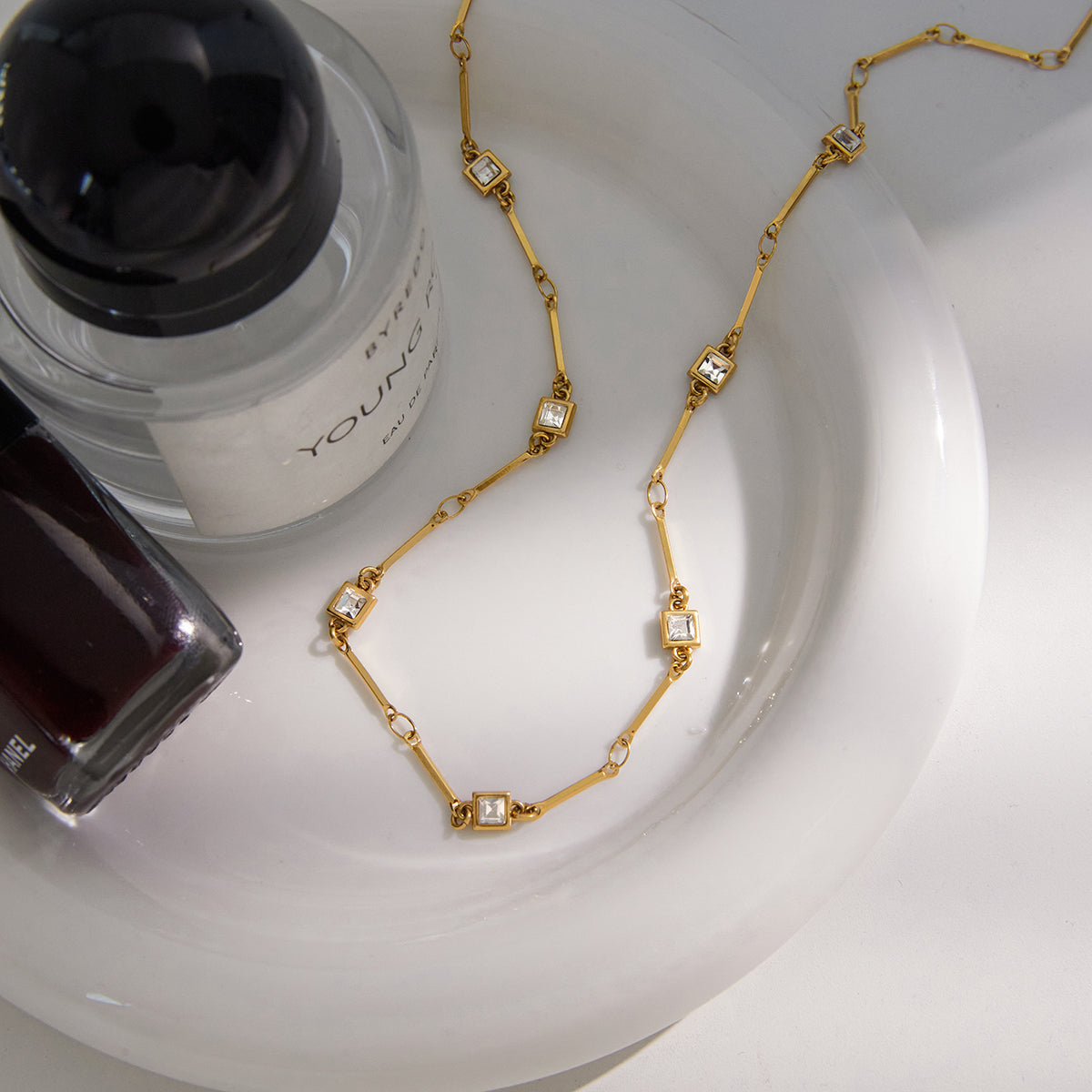 Square Necklace For Women In 304 Stainless Steel With 18K Real Gold Plated Finish And Zircon Inlay On Cable Chain