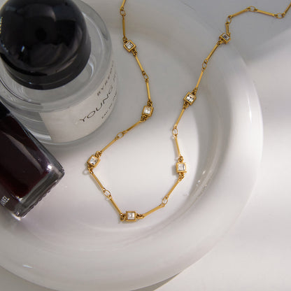 Square Necklace For Women In 304 Stainless Steel With 18K Real Gold Plated Finish And Zircon Inlay On Cable Chain