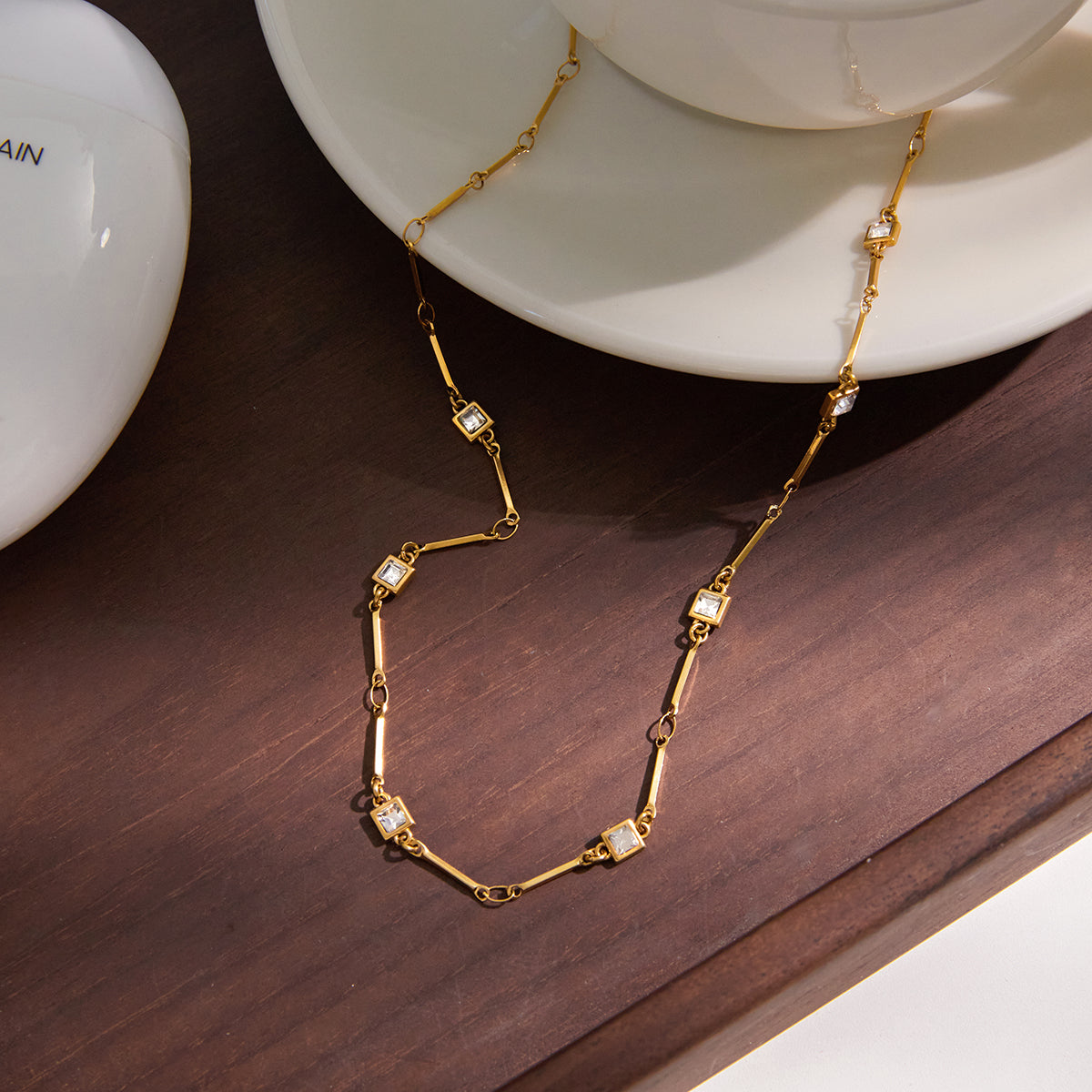 Square Necklace For Women In 304 Stainless Steel With 18K Real Gold Plated Finish And Zircon Inlay On Cable Chain