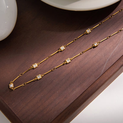 Square Necklace For Women In 304 Stainless Steel With 18K Real Gold Plated Finish And Zircon Inlay On Cable Chain