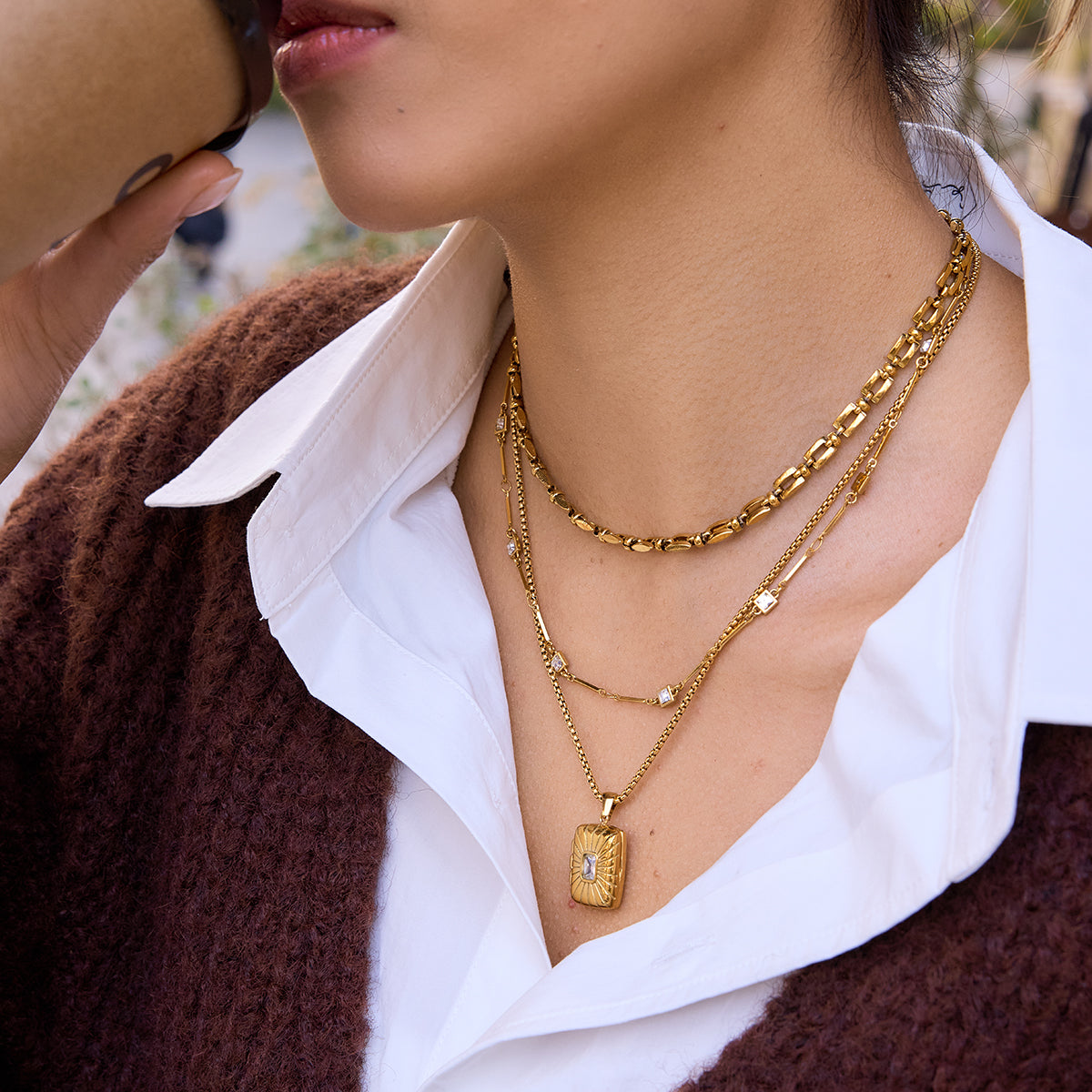 Square Necklace For Women In 304 Stainless Steel With 18K Real Gold Plated Finish And Zircon Inlay On Cable Chain