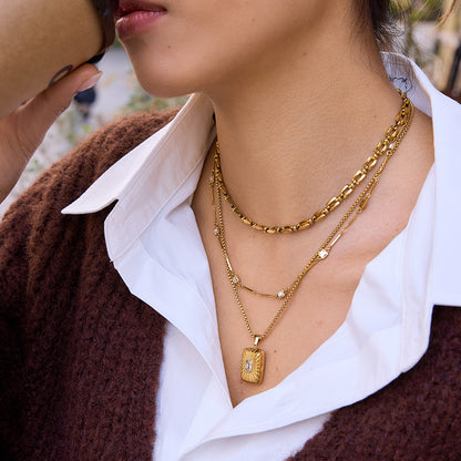 Square Necklace For Women In 304 Stainless Steel With 18K Real Gold Plated Finish And Zircon Inlay On Cable Chain