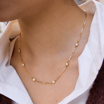 Square Necklace For Women In 304 Stainless Steel With 18K Real Gold Plated Finish And Zircon Inlay On Cable Chain
