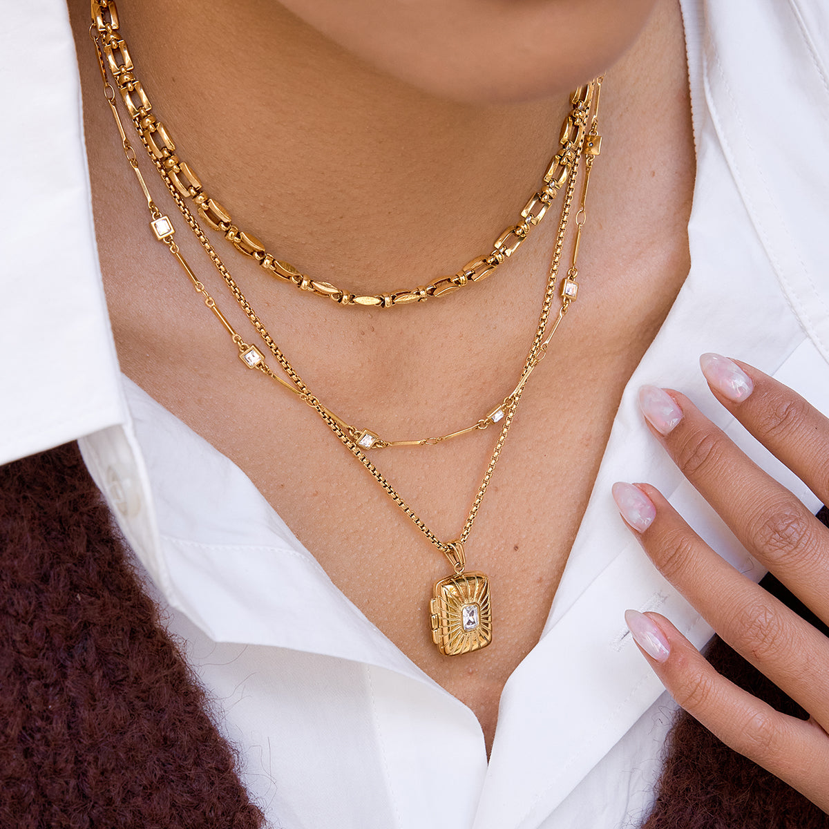 Square Necklace For Women In 304 Stainless Steel With 18K Real Gold Plated Finish And Zircon Inlay On Cable Chain