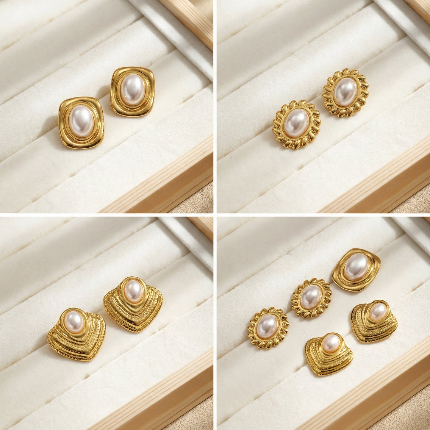 Casual Lines Stud Earrings For Women In 304 Stainless Steel With Golden Plated Finish And Acrylic Imitation Pearl Inlay