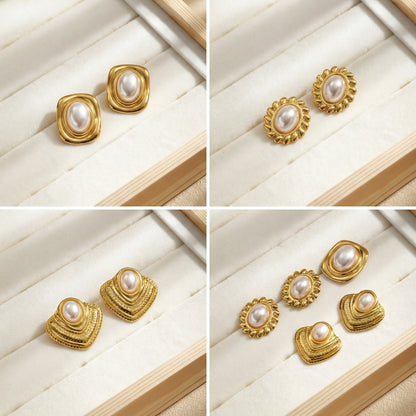 Casual Lines Stud Earrings For Women In 304 Stainless Steel With Golden Plated Finish And Acrylic Imitation Pearl Inlay