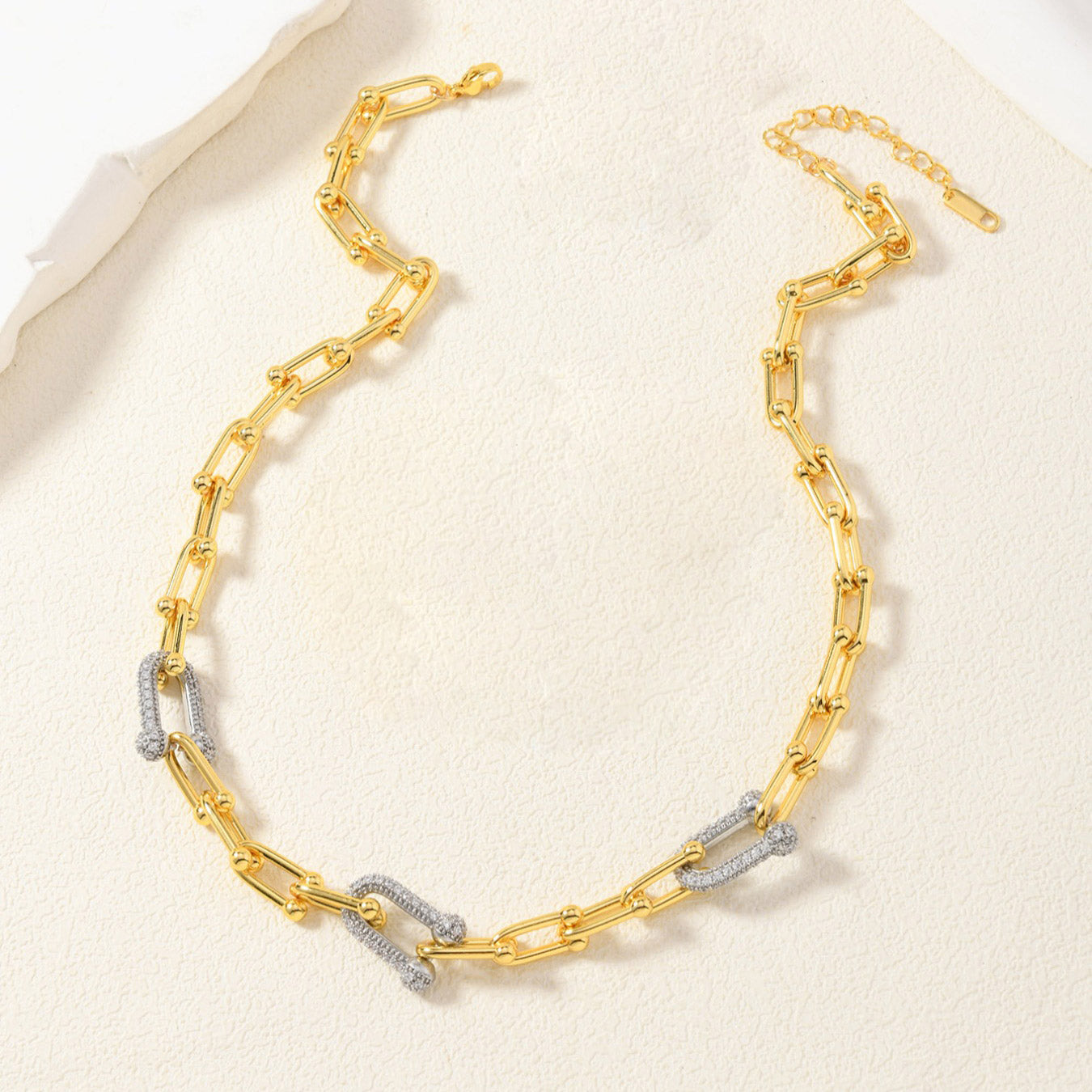 Geometric Necklace With 14K Real Gold Plated 0.03µm Finish Featuring Zircon In Metal On Paperclip Chain For Unisex