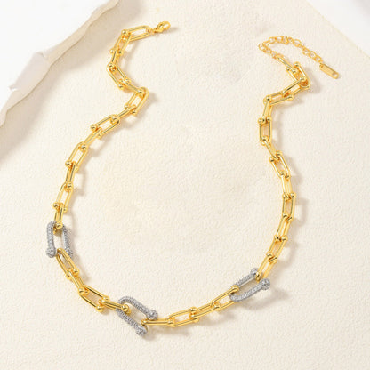 Geometric Necklace With 14K Real Gold Plated 0.03µm Finish Featuring Zircon In Metal On Paperclip Chain For Unisex