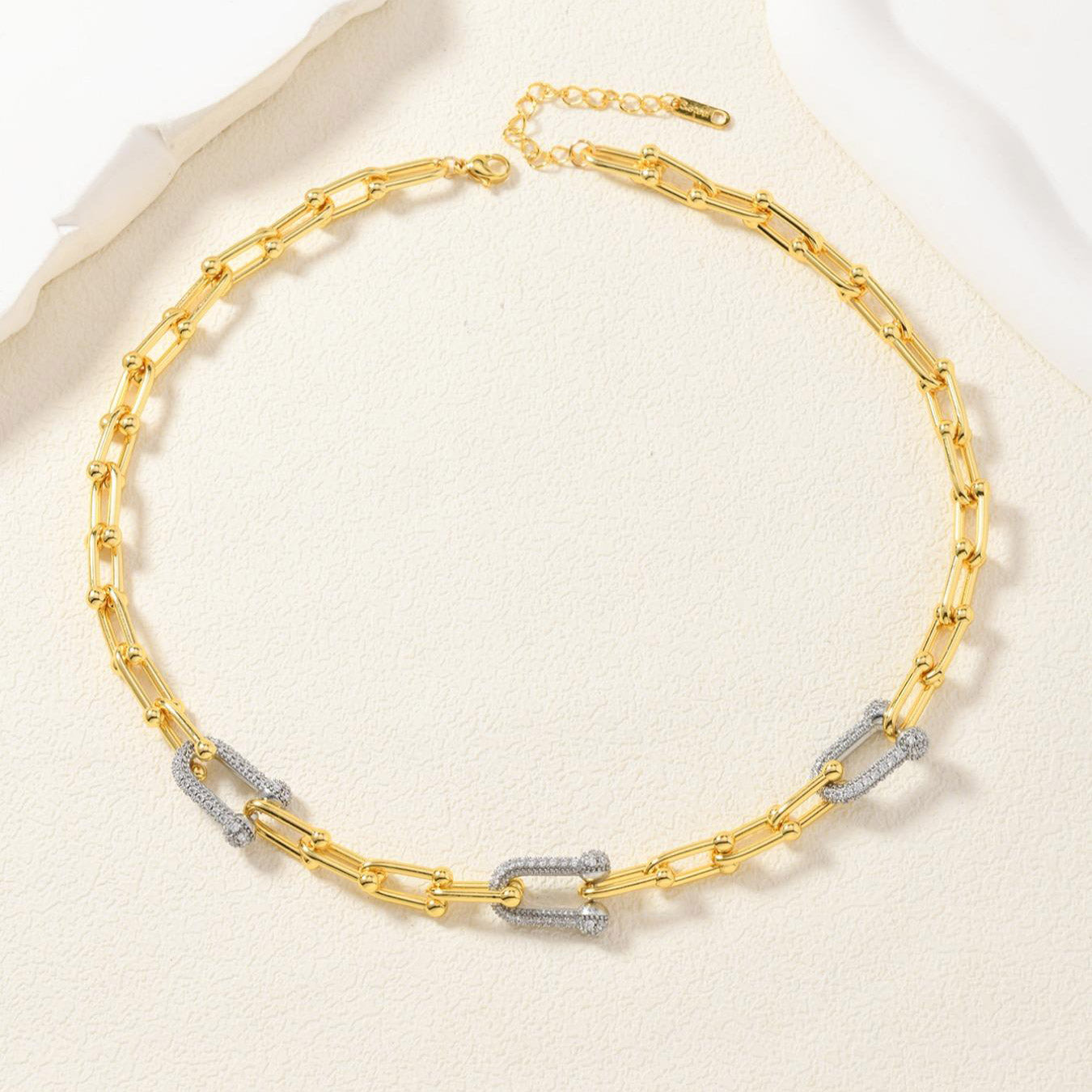 Geometric Necklace With 14K Real Gold Plated 0.03µm Finish Featuring Zircon In Metal On Paperclip Chain For Unisex