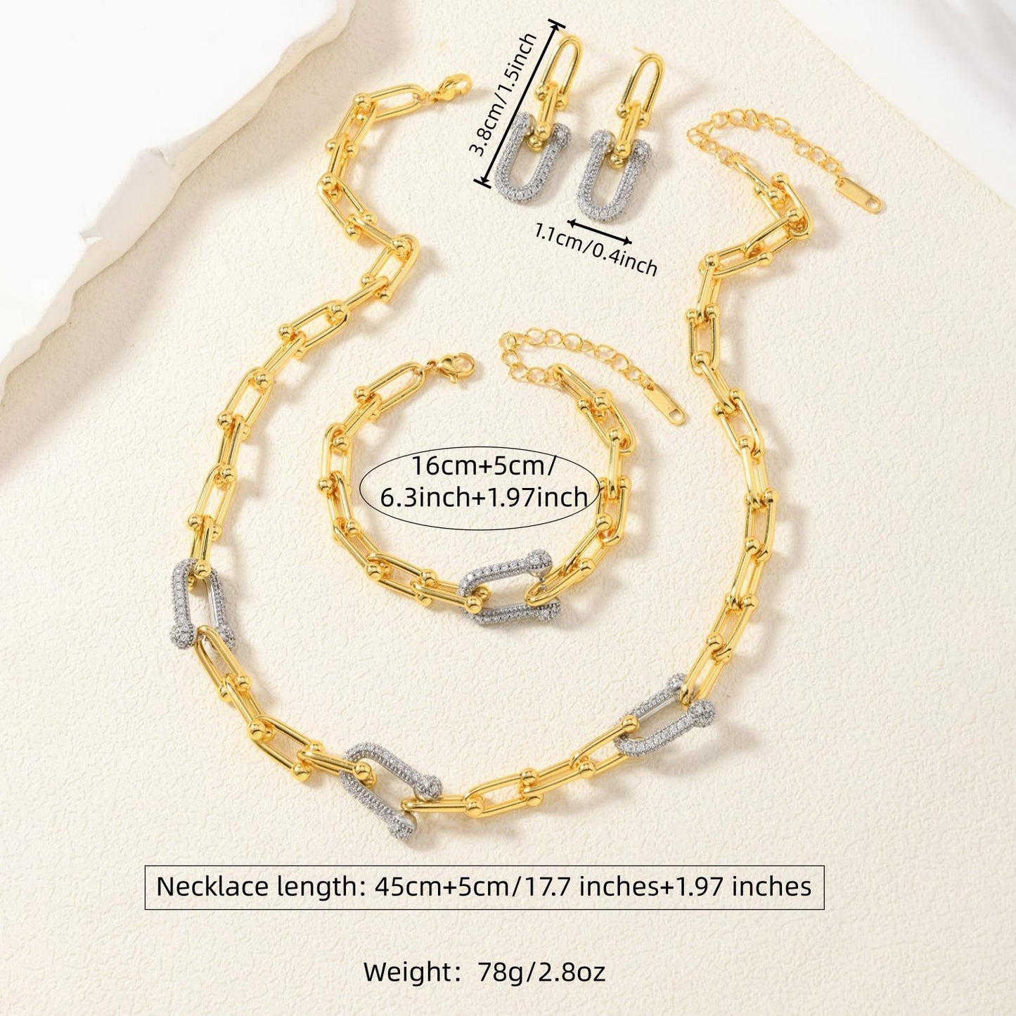 Geometric Necklace With 14K Real Gold Plated 0.03µm Finish Featuring Zircon In Metal On Paperclip Chain For Unisex