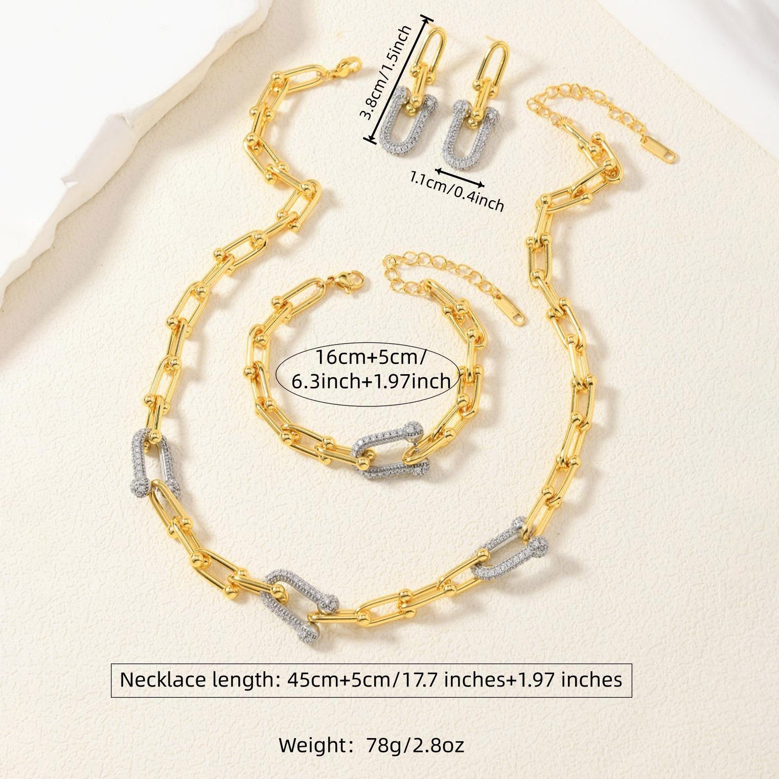 Geometric Necklace With 14K Real Gold Plated 0.03µm Finish Featuring Zircon In Metal On Paperclip Chain For Unisex