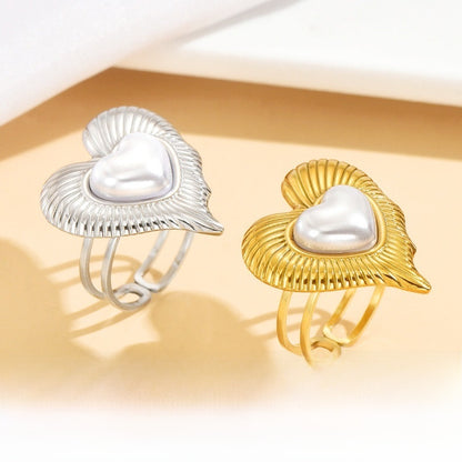 Romantic Heart Shape Ring For Women With 18K Real Gold Plated PVD Coating And Imitation Pearl Inlay