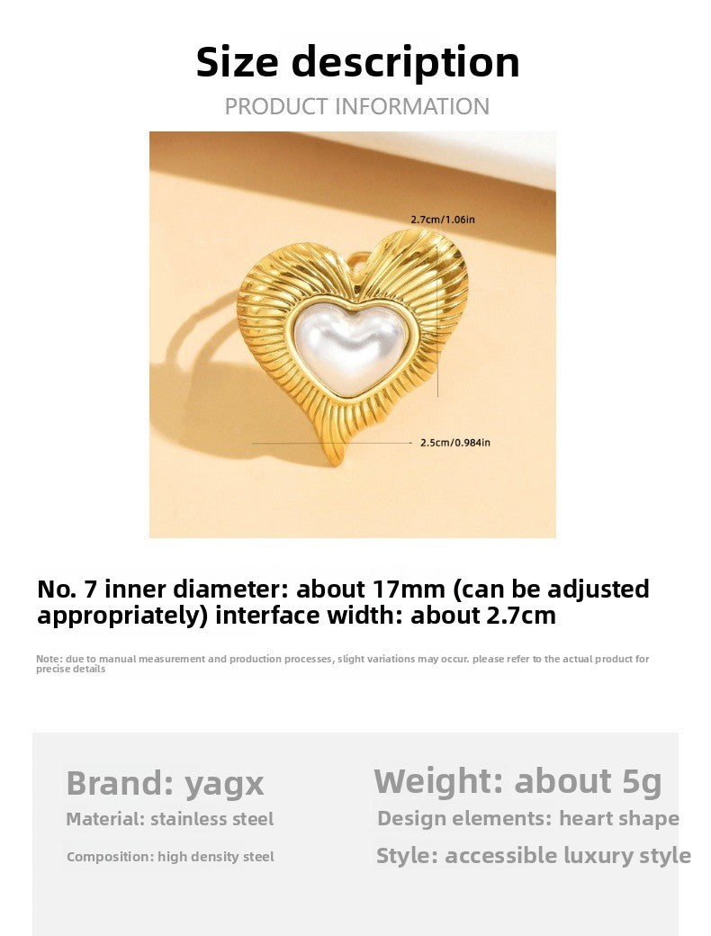 Romantic Heart Shape Ring For Women With 18K Real Gold Plated PVD Coating And Imitation Pearl Inlay