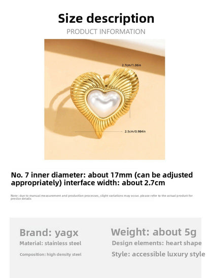 Romantic Heart Shape Ring For Women With 18K Real Gold Plated PVD Coating And Imitation Pearl Inlay