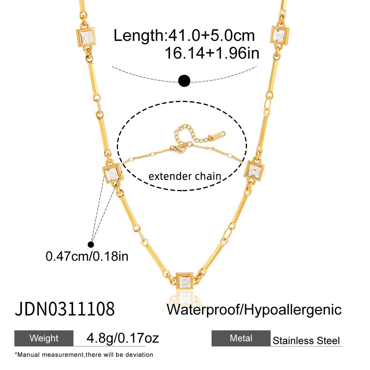 Square Necklace For Women In 304 Stainless Steel With 18K Real Gold Plated Finish And Zircon Inlay On Cable Chain