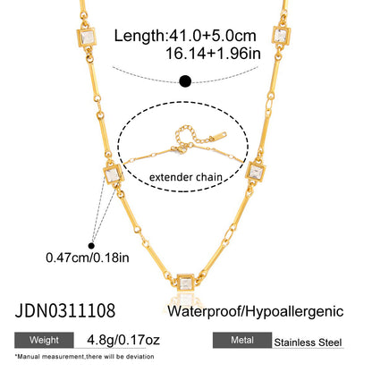 Square Necklace For Women In 304 Stainless Steel With 18K Real Gold Plated Finish And Zircon Inlay On Cable Chain