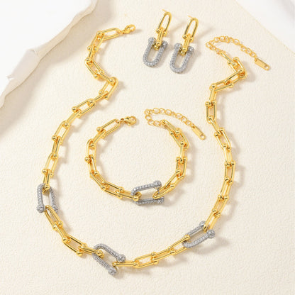 Geometric Necklace With 14K Real Gold Plated 0.03µm Finish Featuring Zircon In Metal On Paperclip Chain For Unisex