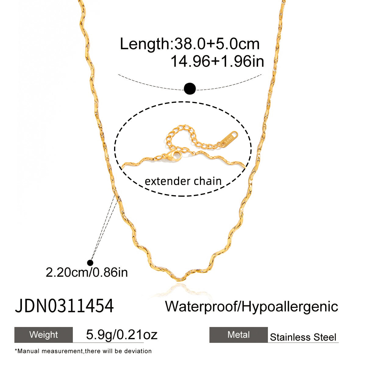 Waves Necklace For Women In 304 Stainless Steel With Waterproof Non Tarnish Finish And 18K Real Gold Plated Singapore Chain