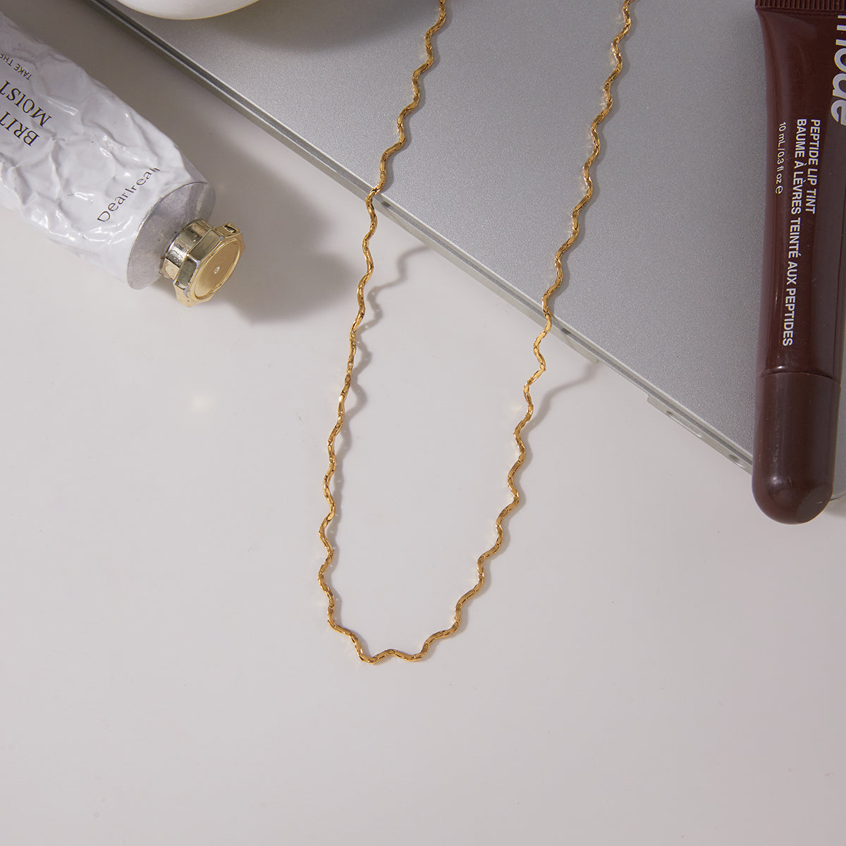 Waves Necklace For Women In 304 Stainless Steel With Waterproof Non Tarnish Finish And 18K Real Gold Plated Singapore Chain