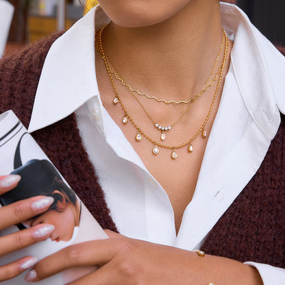 Waves Necklace For Women In 304 Stainless Steel With Waterproof Non Tarnish Finish And 18K Real Gold Plated Singapore Chain