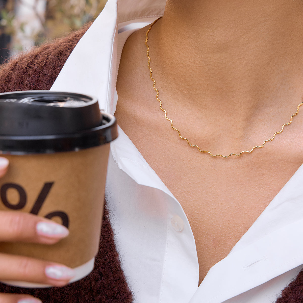 Waves Necklace For Women In 304 Stainless Steel With Waterproof Non Tarnish Finish And 18K Real Gold Plated Singapore Chain