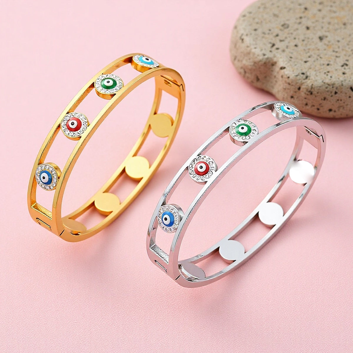 Polished Geometric Bangle For Women In 304 Stainless Steel With 18K Real Gold Plating And Rhinestone Inlay