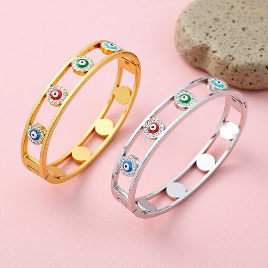 Polished Geometric Bangle For Women In 304 Stainless Steel With 18K Real Gold Plating And Rhinestone Inlay