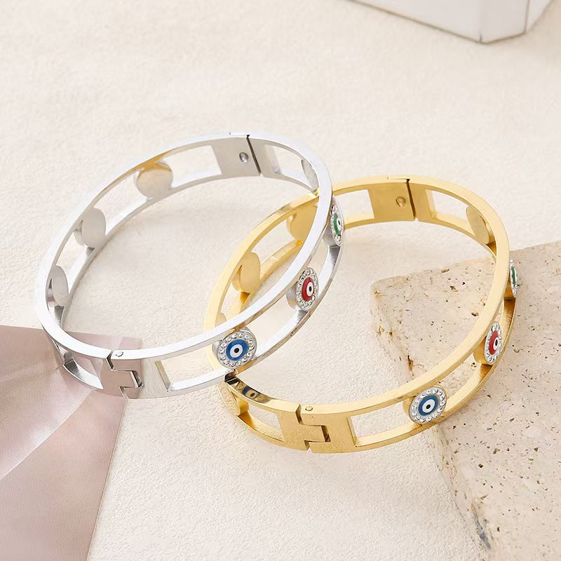 Polished Geometric Bangle For Women In 304 Stainless Steel With 18K Real Gold Plating And Rhinestone Inlay