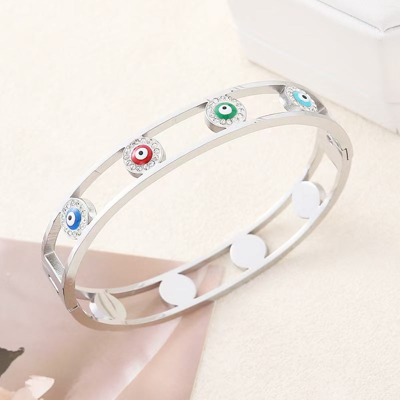 Polished Geometric Bangle For Women In 304 Stainless Steel With 18K Real Gold Plating And Rhinestone Inlay
