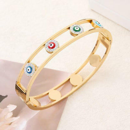 Polished Geometric Bangle For Women In 304 Stainless Steel With 18K Real Gold Plating And Rhinestone Inlay