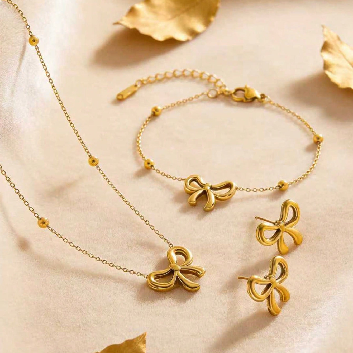 Sweet Bow Tie Jewelry Set For Women In 304 Stainless Steel With 18K Real Gold Plated O Chain