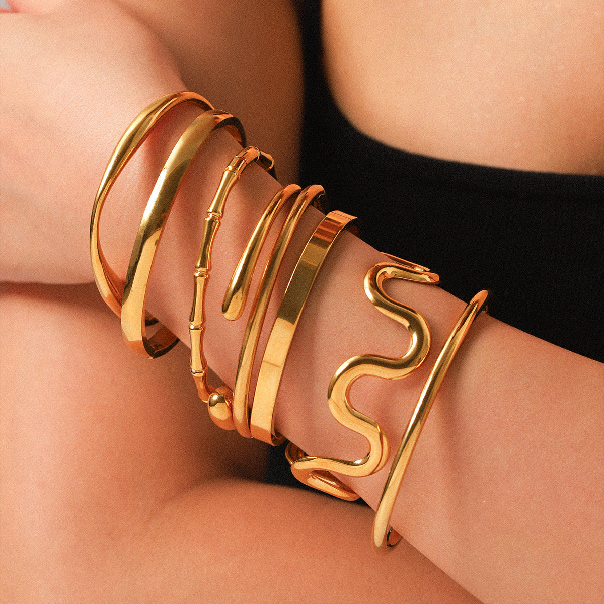 For Women Irregular Electroplated Bangle Made Of 304 Stainless Steel With 18K Real Gold Plated PVD Coated Finish